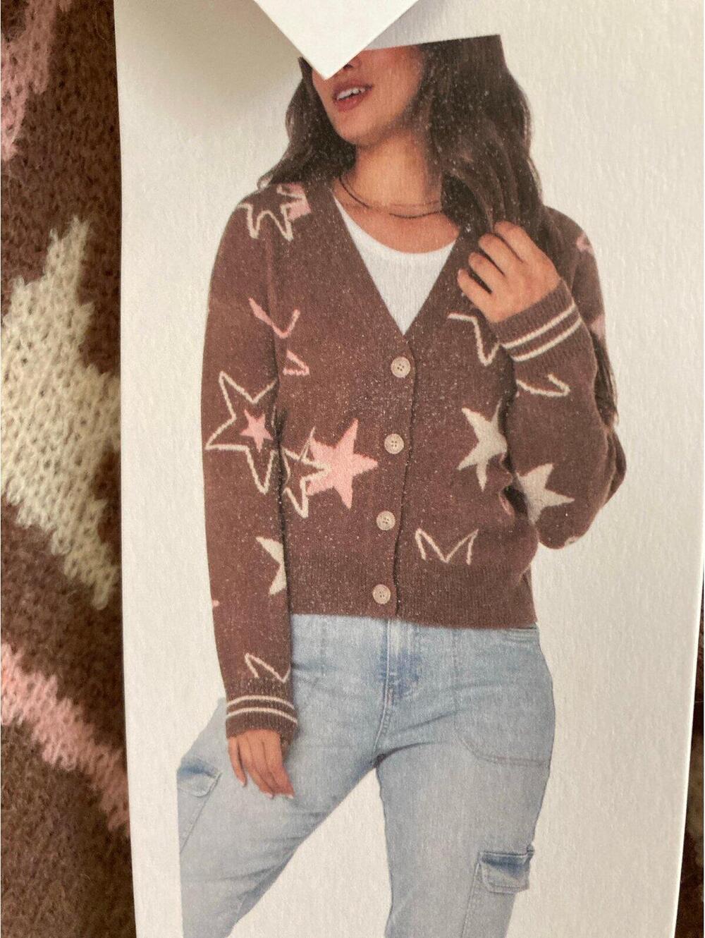 Celebrity Pink Brown cardigan pink and beige stars
